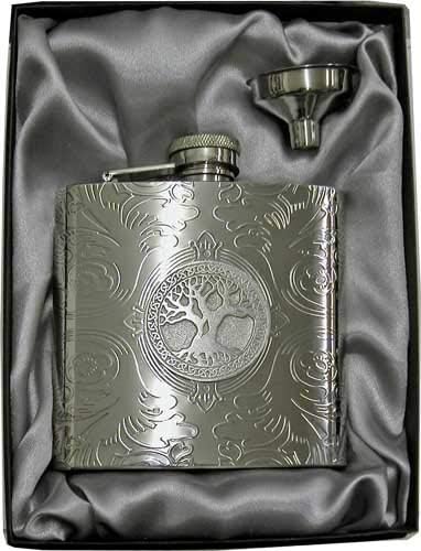 6oz 'Celtic Tree of Life' Florentine Silver Mirror Flask & Funnel Gift Set