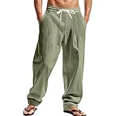 TAFLE Mens Linen Pants Casual Summer Beach Pants Elastic Waist Drawstring Lightweight Vacation Trousers with Pockets
