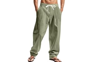 TAFLE Mens Linen Pants Casual Summer Beach Pants Elastic Waist Drawstring Lightweight Vacation Trousers with Pockets