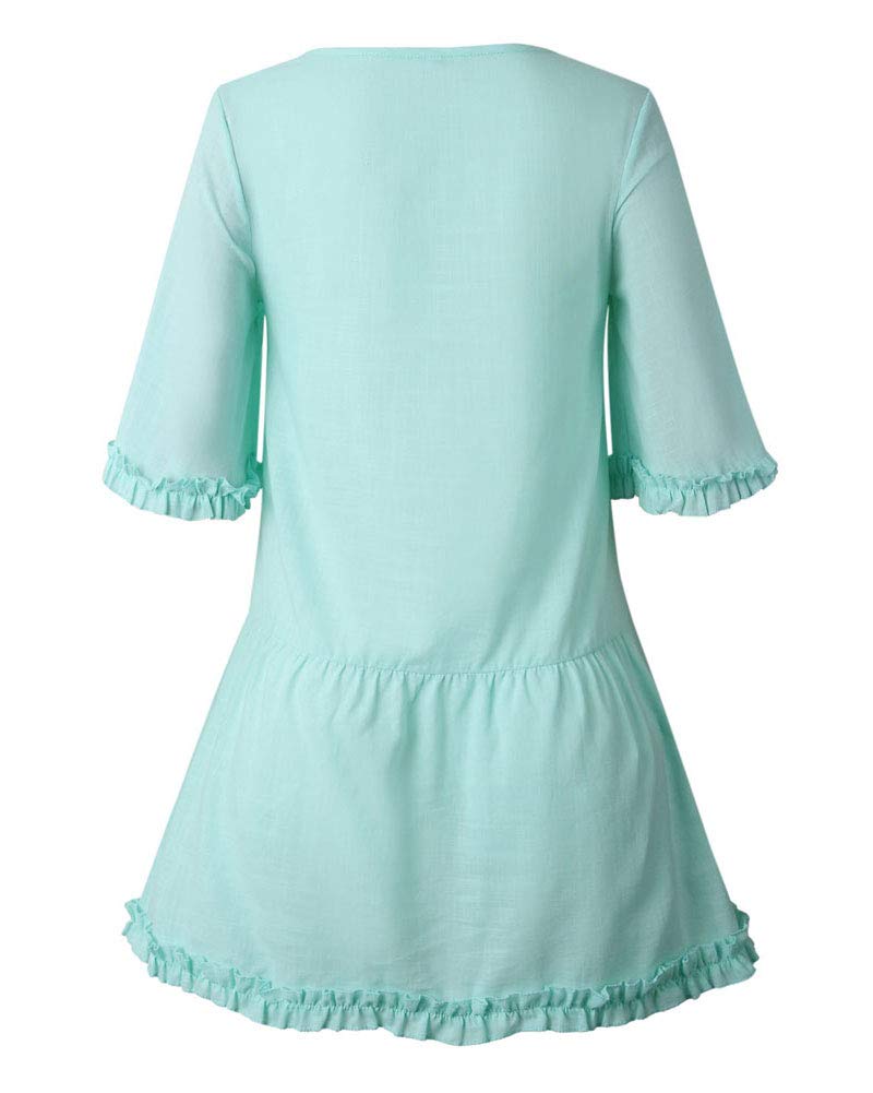 Womens Cotton Dresses Ruffles Decor - Plain Simple Loose Fit Mini Dress Green