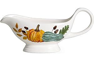Bicuzat Pumpkin and Leaves Pattern Ceramic Gravy Boat With Ergonomic Handle, Sauce Boat Salad Dressings, Creamer, Broth, Black Pepper, 12 OZ