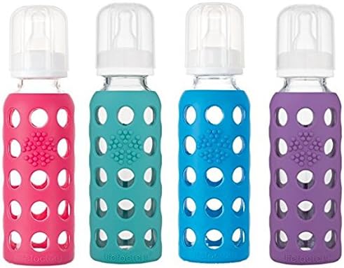 Lifefactory BPA-Free Glass Baby Bottles 9 Ounce with Sleeve and Stage 2 Nipple - 4 Pack (Ocean, Grape, Raspberry, Kale)