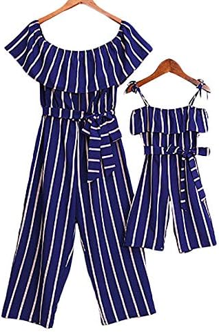Matching Clothes for Mommy and Daughter, 3-8 Year Baby Girls Jumpsuit Off Shoulder Stripe Bow Rompers