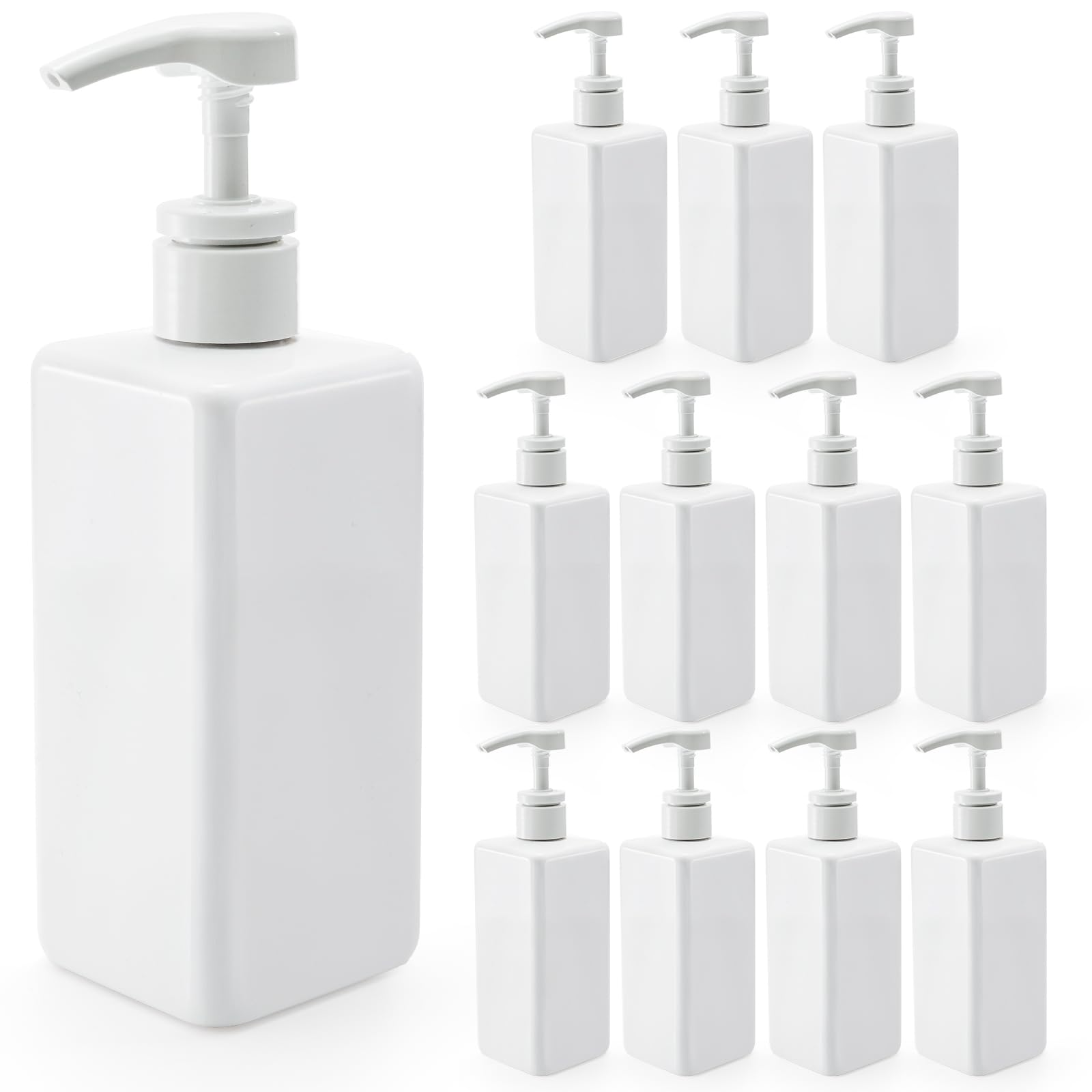 Okllen 12 Pack 500 ML Plastic Pump Bottles, Empty Refillable Container Liquid Soap Dispenser for Shampoo, Lotion, Cleaning Products, Kitchen, Bathroom, White Square