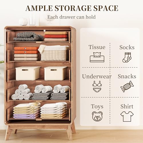 ENOUSHU 50" Tall Dresser for Bedroom, Vertical Dressers with 5 Drawers and Curved Profile Handleless Design, Chest of Drawers with Natural Texture for Living Room, Hallway and Entryway, Natural