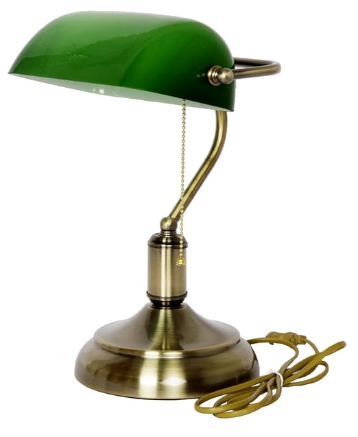 Glitz Table Lamp Banker Style, Green Shade, Antique Brass Finish (Green)
