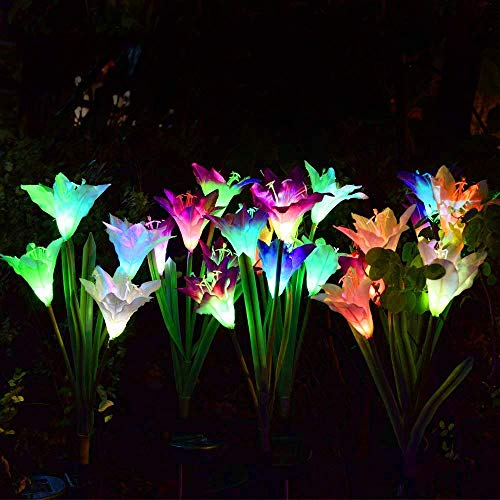 Outdoor Solar Garden Stake Lights, 3 Pack Solar Powered Flower Lights with 12 Lily Flower, Multi-Color Changing LED Solar Landscape Decorative Lights for Garden, Patio, Backyard(Solar Flower Lights)