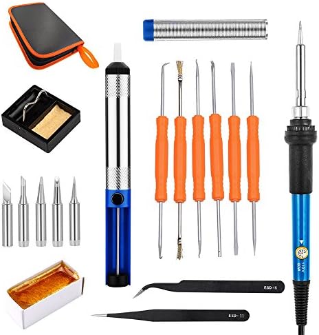 18-in-1 Soldering Iron Kit, 60W 110V Adjustable Temperature Electric Soldering Iron with Desoldering Pump,5pcs Tips, Solder Wire Tube, 6pcs Aid Tools, Stand, Tweezers, Rosin and Carry Case By SUNUNICO