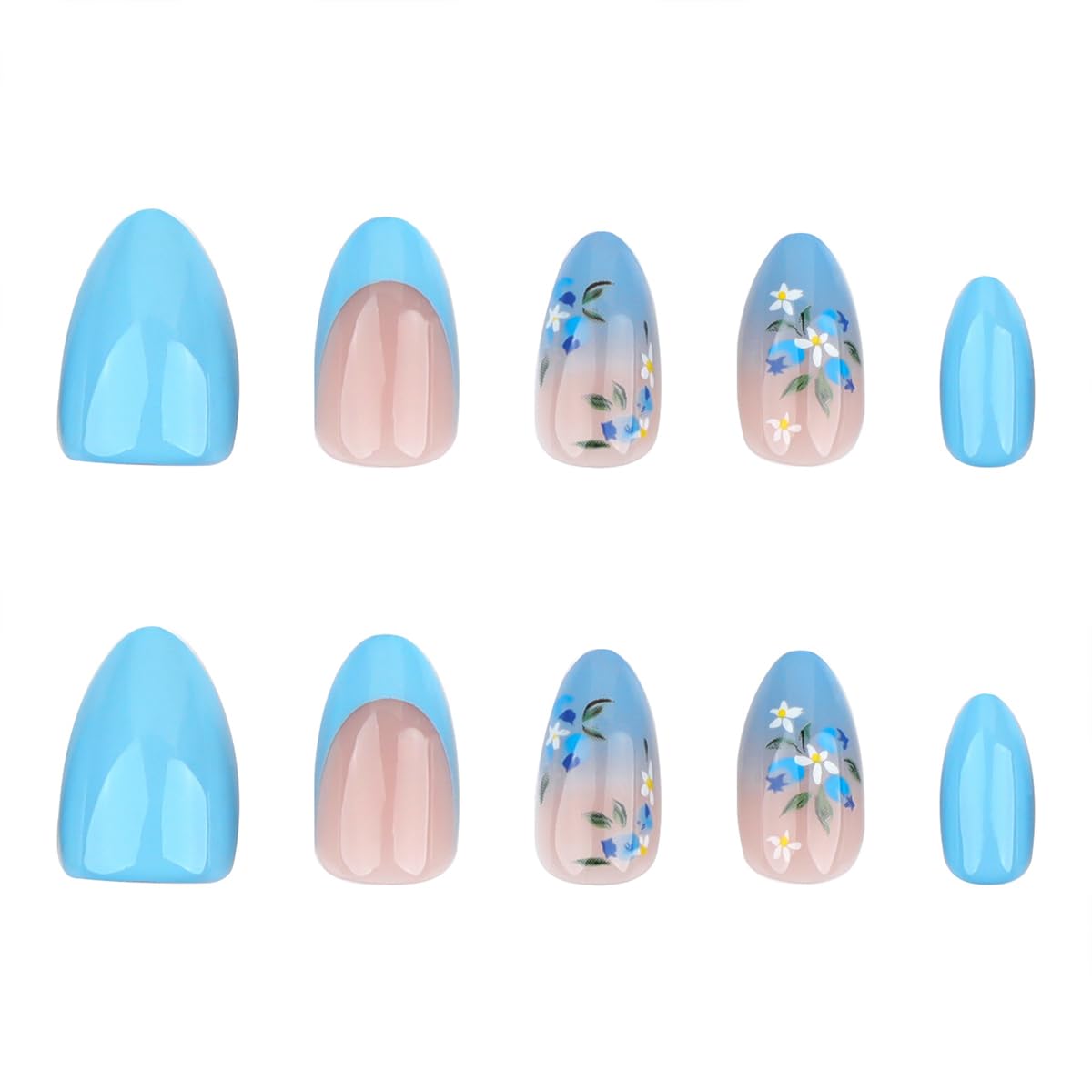 24Pcs Blue Flower Press on Nails Almond Medium Fake Nails French Tip Glue on Nails Blue Gradient Acrylic Nails Full Cover Spring Summer False Nails with Designs Flower Nails Art Decoration for Women - Image 3
