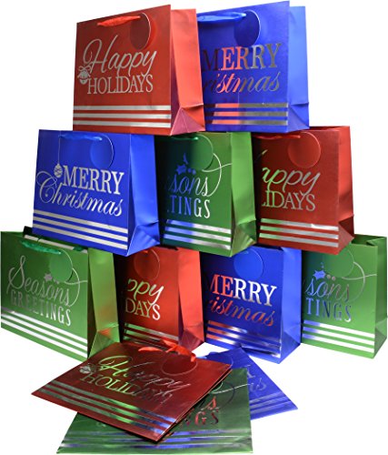 Holiday Gift Bags, 12 Large heavyweight bags, traditional Christmas style with foil finish and silver hot stamp, red, blue and green