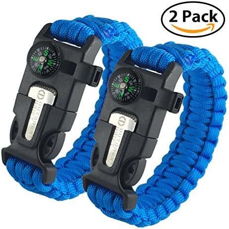 Outdoor Drift SurvivalBand - Multifunctional Bracelet, Outdoor Survival Kit Paracord Buckle Compass Flint Fire Starter Whistle Scraper Blade for Hiking Camping Emergency 2-Pack (Sky Blue)