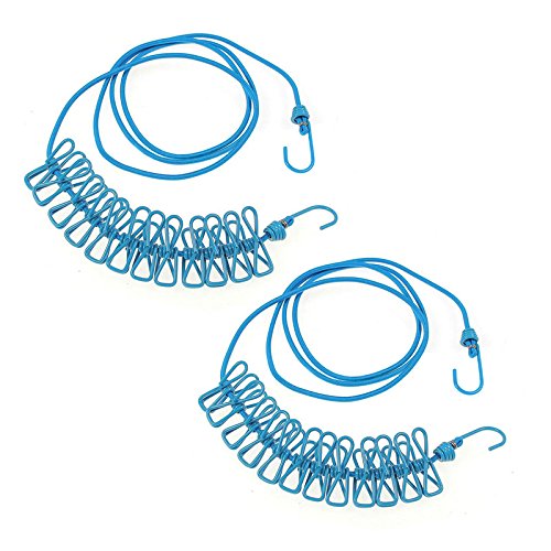 NUZAMAS 2X Clothesline 12 Pegs Clips Portable Expandable Adjustable Retractable Airer for Camping Travel Clothes Laundry Drying Outdoor and Indoor Use Blue