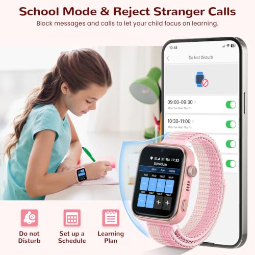 AIMIUVEI 4G Children's Smart Watch with Calls, Video Calls, Voice Chat, WiFi, GPS, SOS, SMS, Waterproof IP68, School Mode and Pedometer, Children's Smartwatch with HD Screen of 1.83 inches, Pink