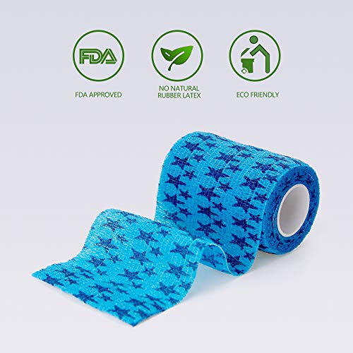 MUEUSS Self Adhesive Bandage First Aid Tape Strong Elastic Wraps for Pets Animals & Ankle Sprains & Medical Support, Blue Star 3 Inches x 5 Yards,6 Rolls