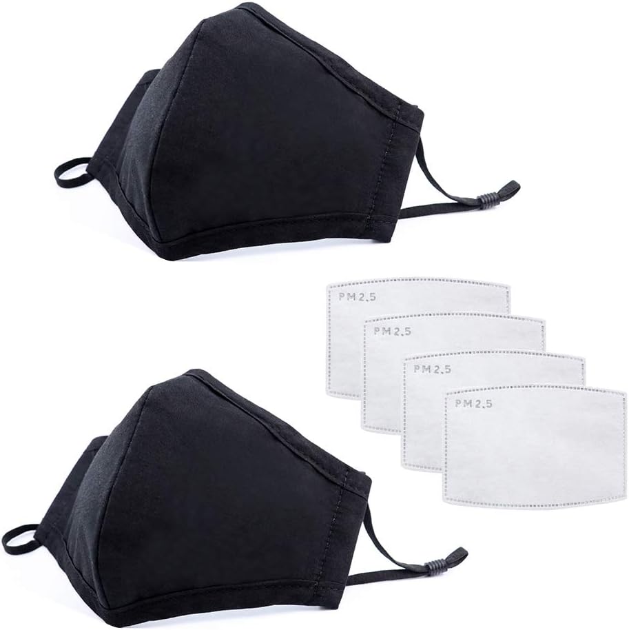 Unisex Mouth Mask 2 Pack Adult PM2.5 Anti Dust Pollution Face Mouth Mask Reusable Black Cotton Face Mask Half Face Earloop Mask with 4 Pcs PM2.5 Activated Carbon Filter for Cycling Camping Travel (2)