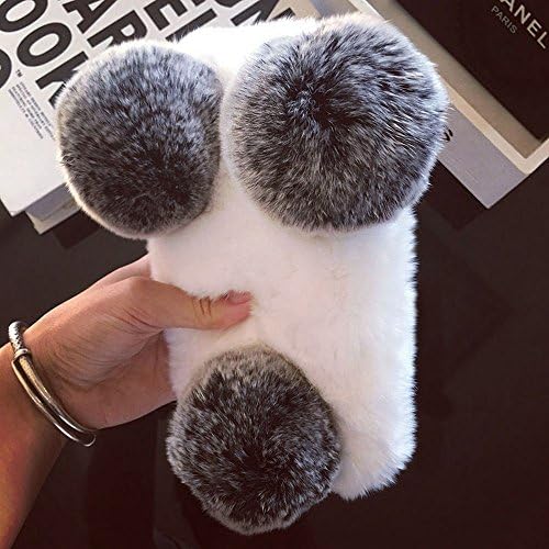 iPhone 6s Fur Panda Case, Surpriseyou Super Cute Handmade Warm Winter Rex Rabbit Fur Hair Plush Fluffy Pom-pom Full Back Soft Furry Case Cover for iPhone 6 &amp; 6s (White + Gray)