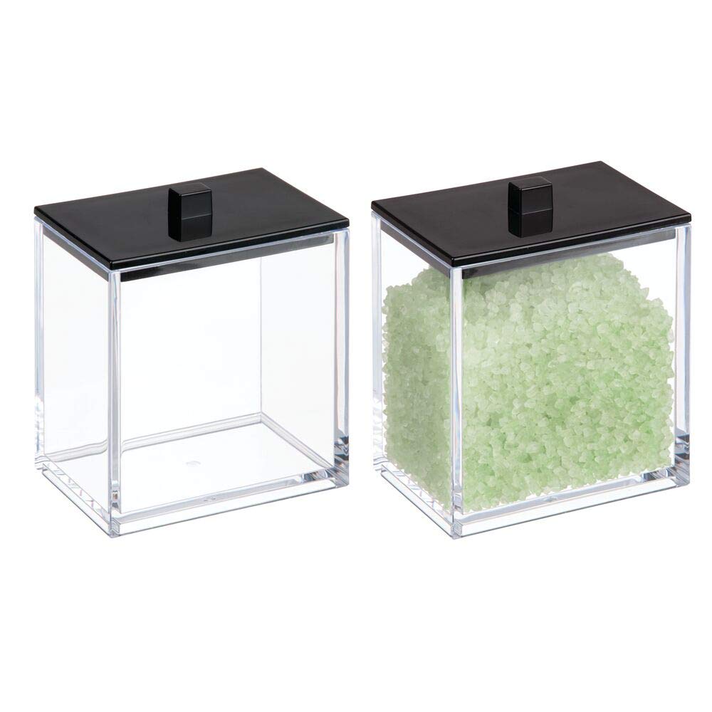 mDesign Modern Square Bathroom Vanity Countertop Storage Organizer Canister Jar for Cotton Swabs, Rounds, Balls, Makeup Sponges, Bath Salts - 2 Pack - Clear/Matte Black