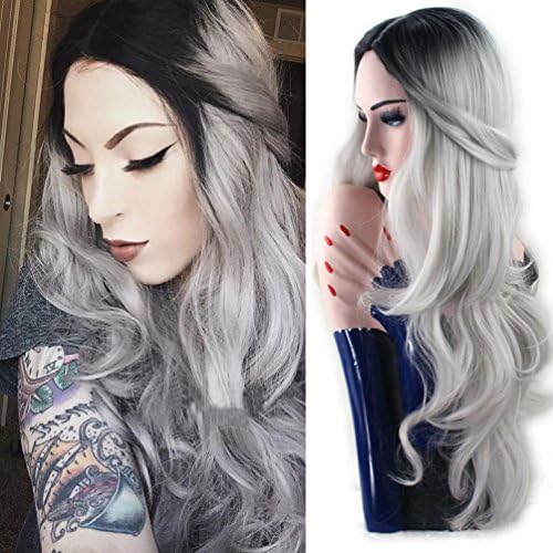 YongerBeauty Fashion Long Wavy Synthetic Wigs Heat Resistant Fiber Wig Dark Root Ombre Grey/Burgundy/Blue Color for Women Dress (Grey)