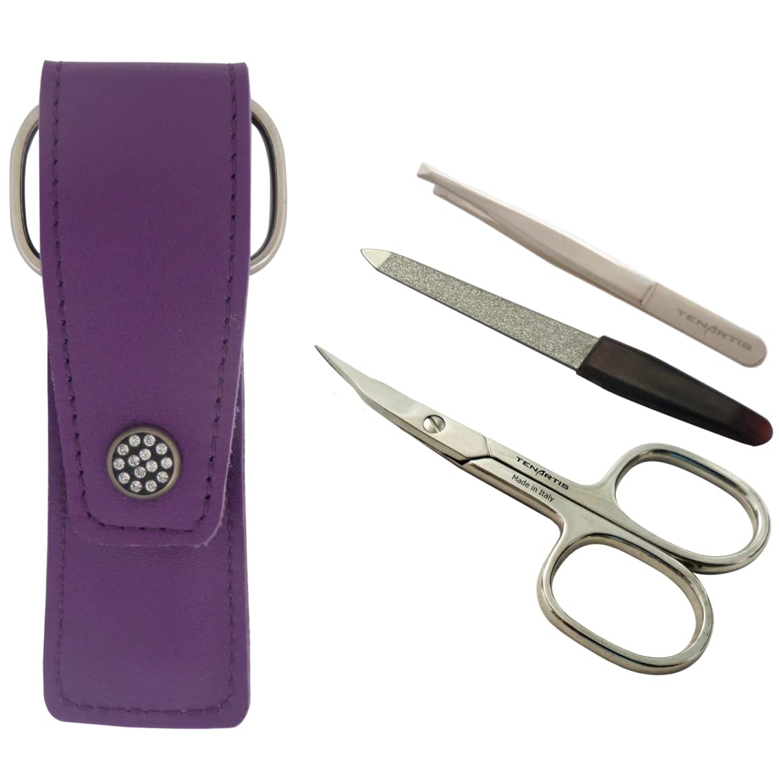 3-Piece Manicure Set with Nail Scissors, File & Tweezers in Violet Genuine Leather Pouch - Tenartis 315 Made in Italy
