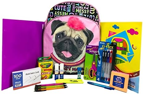 Pug To School Backpack Featuring Pug With Messy Pink Hair With School Supplies (supplies)