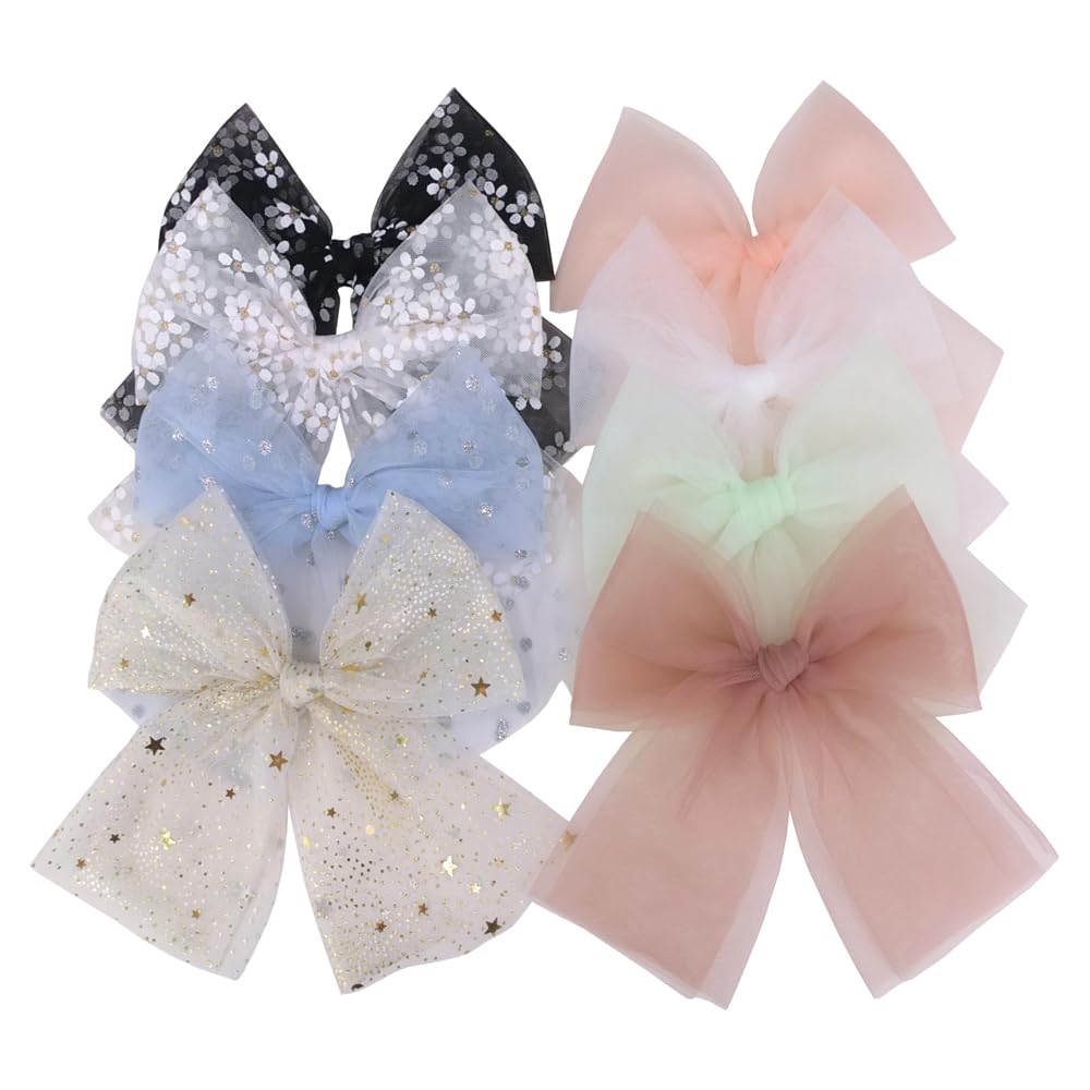 Sugarmelon Large Tulle Bow Hair Clips (8 Pack) - Lightweight Gauze Dress Bow Hair Barrettes Accessories for Baby Girls, Teen Girls, Women - Decorative Hair Clip for All Hair Types