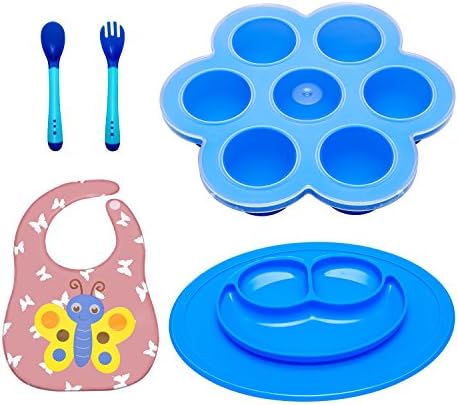Silicone Baby Food Freezer Tray with Clip on Lid and silicone plate waterproof baby bib Heat sensing silicone spoon and fork - Vegetable, Fruit purees,Milk and Ice Cubes - BPA Free &amp; FDA (blue)