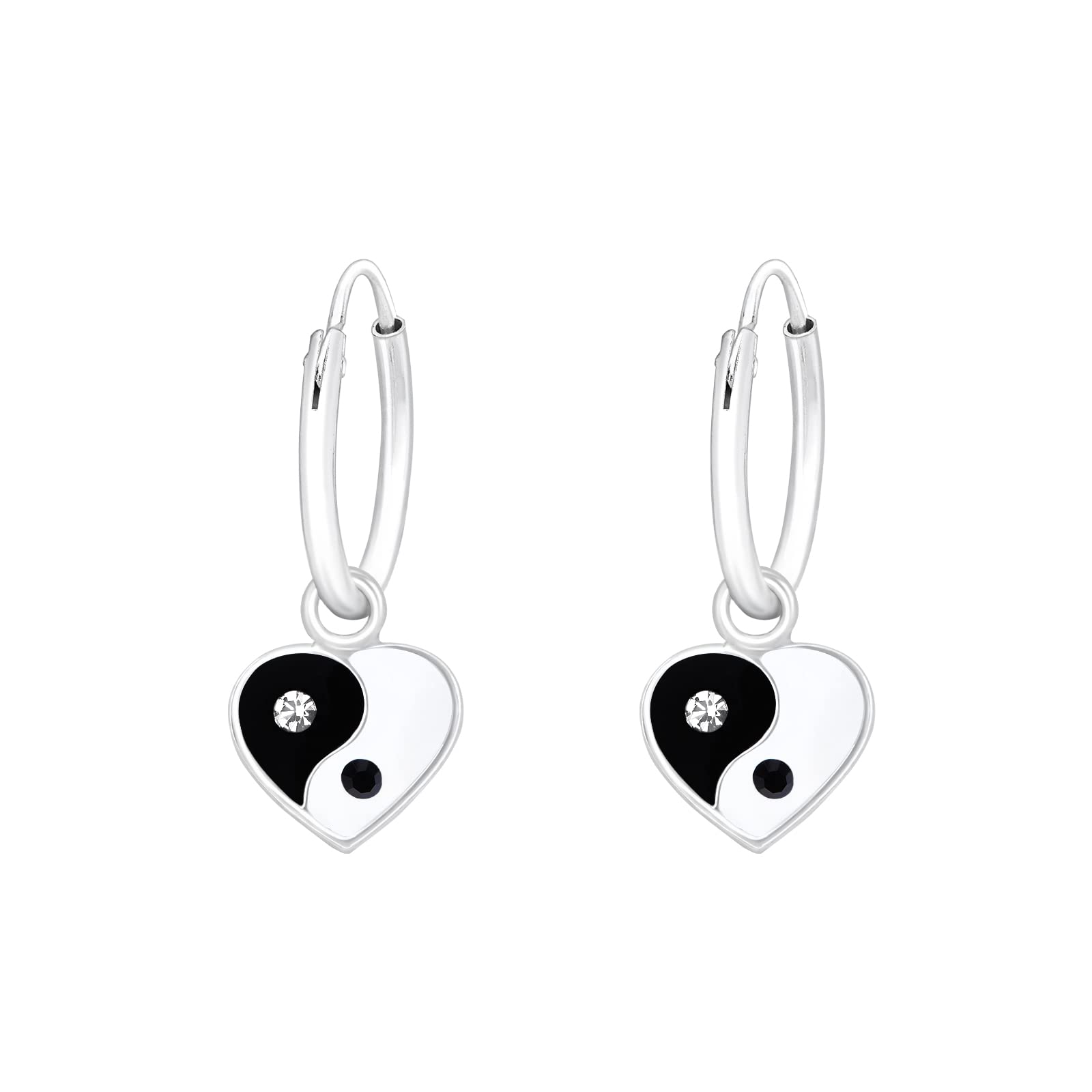 Yin Yang Heart Earrings with Crystal Stones - Dangling Charm Hoop - 925 Sterling Silver