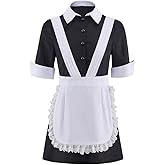 LQTIKLD Women's Magenta Cosplay Costume Horror Show Maid Uniform Apron Dress Halloween Outfit