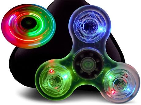 Tri-Spinner Fidget Toy With Zipper Case Premium Si3N4 Ceramic Bearing 2 Minute Spin Time EDC Relieving ADHD Anxiety Stress Relief Boredom Non-3D Printed (Clear 3 Mode LED)