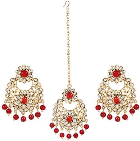 Gold Plated Floral Kundan Pearl Red Earrings and Maagtika Set for Women and Girls-Bridal Big Maang Tikka Earring Design Latest