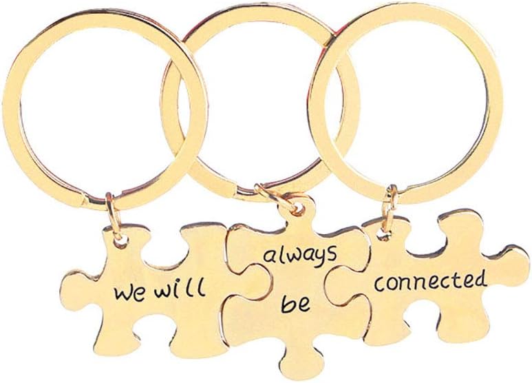 YOSEMITE 3Pcs English Letters We Will Always Be Connected Jigsaw Puzzle Keychains Key Ring Holder Golden