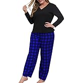 Women Plus Size Pajamas Set Plaid Lounge Pants V-Neck Short Sleeve Cotton T Shirt 2 Piece Sleepwear