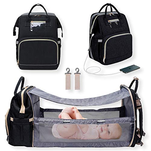 Diaper Bag Backpack with 3 in 1 Portable Travel Crib USB
