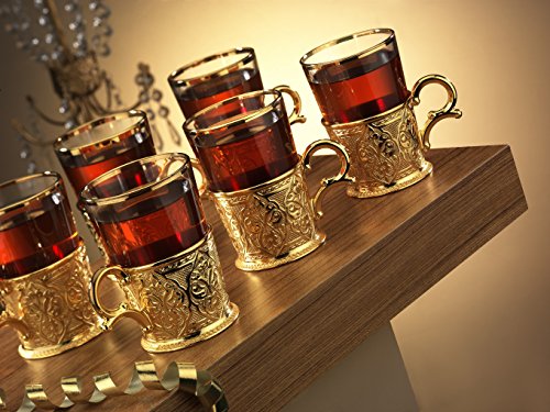 6 X Turkish Style Tea Glasses Set with Holders Spoons, XL 6.6 Ounce