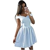 BSTYBNG A-line Ruched Satin Short Dress Off The Shoulder for Women, Sweetheart Cocktail Dress Sleeveless Homecoming Dress