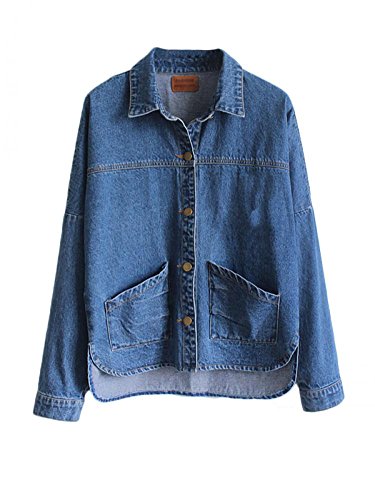 Enlishop Women's Blue Irregular Polo Collar Denim Jacket With Pockets Coats