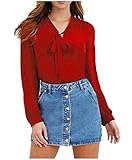 Abetteric Women's V Neck Casual Long Sleeve Lacing Chiffon T-shirt Red XS