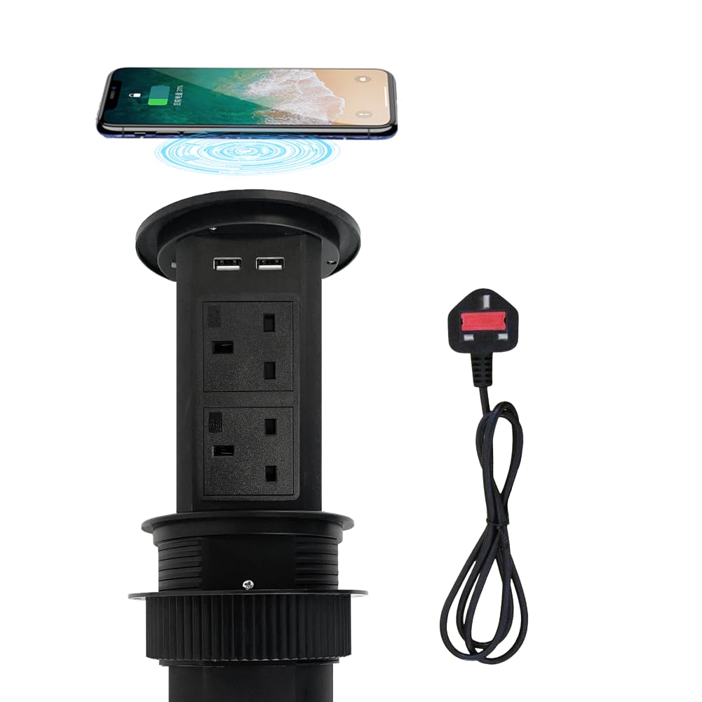 ZESHAN pop up socket motorised pop up sockets for kitchen worktops with wireless charging, 4 UK plugs, 2 USB A and 2 USB C Charging stations for Kitchen Counter, furniture desk,Conference Room, Black — image 1