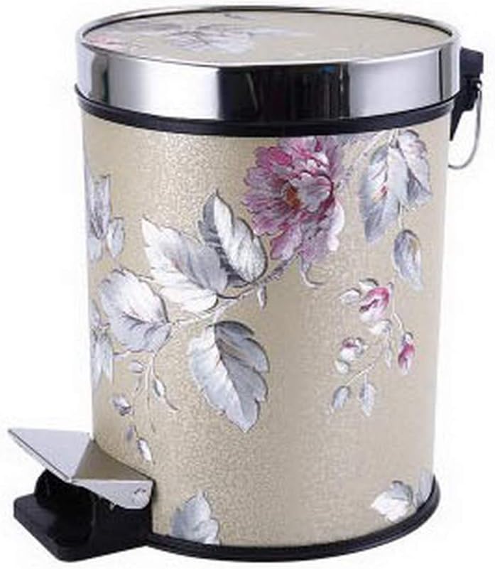 12L Pedal PU Leather Waste Bin With Lid, Home Removable Trash Can, Sliver Flower