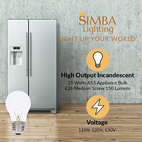 Simba Lighting Appliance Light Bulb A15 25W (6 Pack) Incandescent Mini-Standard Shape with E26 Standard Medium Screw Base for Refrigerators, Ovens, 110V 120V 130V, Dimmable, 2700K Warm White