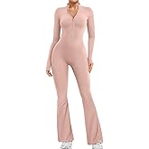 YEOREO Women Long Sleeve Flare Workout Jumpsuit Zip Up Romper Bottom Pants Wide Leg Bodysuit Bodycon Sexy One Piece