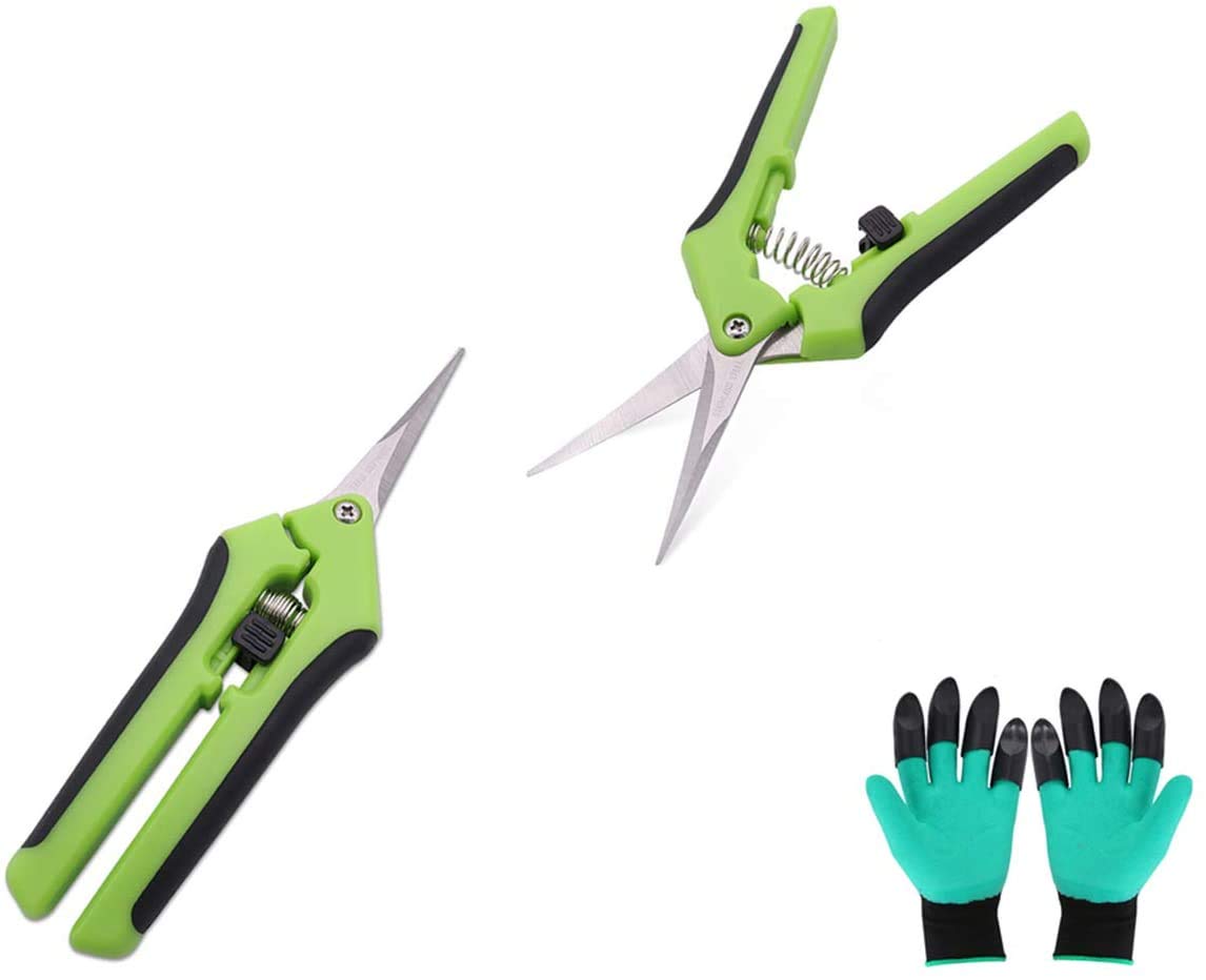 MEETOZ Garden Steel Pruning Shears,2 Pack Stainless Steel Blades Handheld Pruners Set 1 Straight and 1 Curved Blade Pruning Shears With Protect Garden Gloves