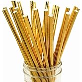 Gold Metallic Paper Straws, 100 Counts Disposable Glittering Solid Gold Paper Drinking Straws for Cake Pop Sticks Birthday Celebrations Anniversary Wedding Party Decoration