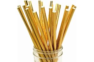 BOFA ECO TABLEWARE Gold Metallic Paper Straws, 100 Counts Disposable Glittering Solid Gold Paper Drinking Straws for Cake Pop Sticks Birthday Celebrations Anniversary Wedding Party Decoration