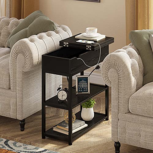 Rolanstar End Table with Charging Station, Narrow Nightstand, Flip Top
