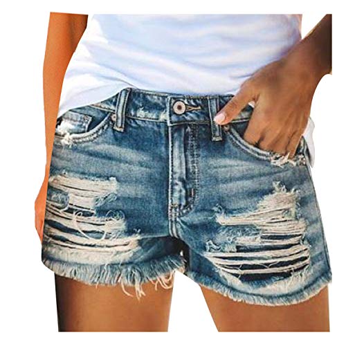 Risaho Damen Lochjeans Shorts Sommer Basic Jeansshorts Bequeme Kurze Jeans Hosen Denim Shorts Jeans Hot Pants Mädchen mit Quaste Gewaschene Distressed Löcher Shorts