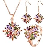 BAMOER 18K Rose Gold Plated Multicolor Cubic Zirconia Flower Earrings Necklace Ring Set Women Girls CZ Jewelry Sets