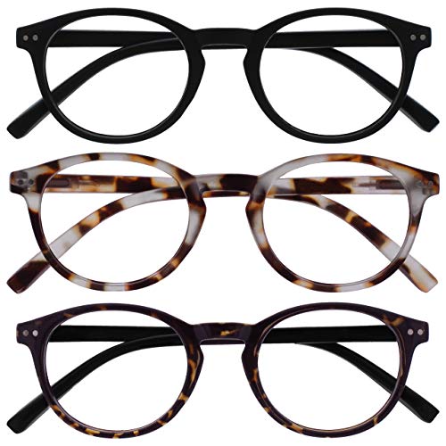 OPULIZE Zen Reading Glasses 3 Pack Cool Round Frame Spring Hinges Scratch Resistant Matt Black Light Brown Shiny Dark Brown Mens Womens RRR24-11T2 +2.50