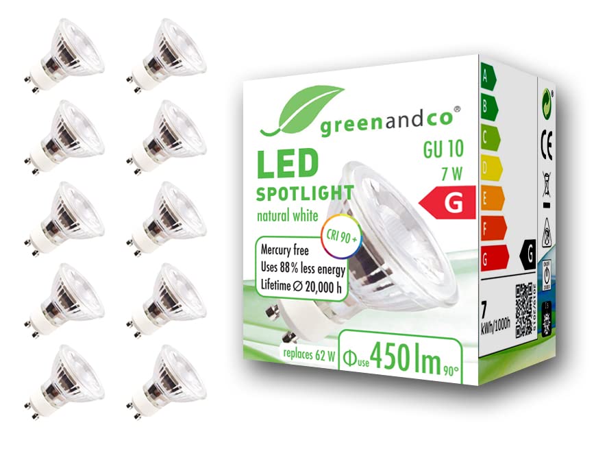 greenandco® CRI 90+ 4000K 36° LED spot Replaces 62 Watt GU10 Halogen Spotlight, 7W 450 Lumen Neutral White 230V, no Flicker, not dimmable, 10-Pack