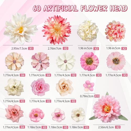ROLLWAY Pack of 60 Artificial Flowers for Crafts Pink White 18 Types Small Artificial Flowers for Crafts Flower Heads 2 - 8 cm, Mini Artificial Flowers Decorative Flower Heads Fake Flower Decoration for DIY Wedding Cake Decoration